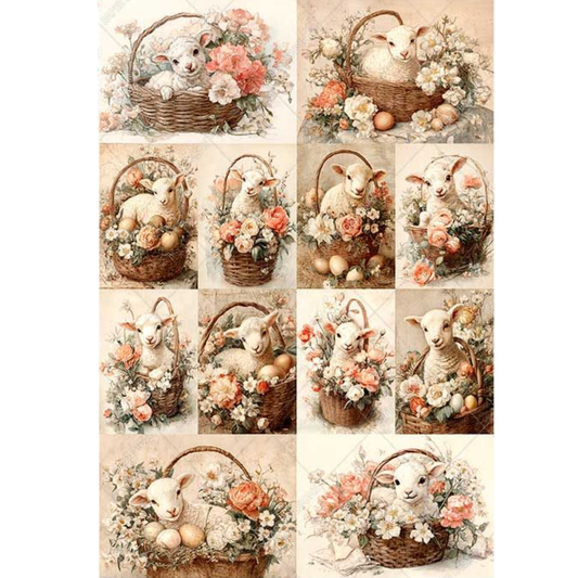 Collage of lamb in a flower basket in a series of poses.