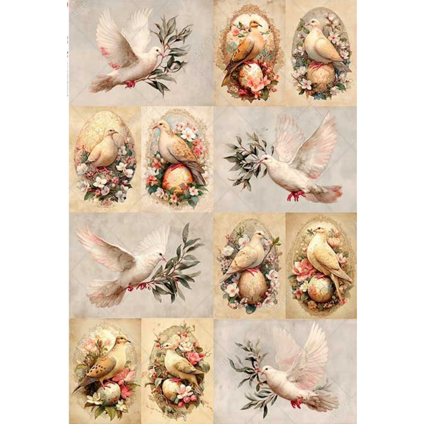 Collage of doves with flowers and branches on a white background.
