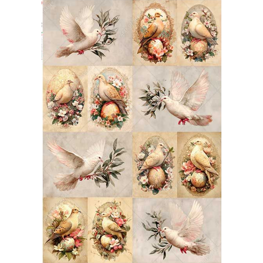 Collage of doves with flowers and branches on a white background.
