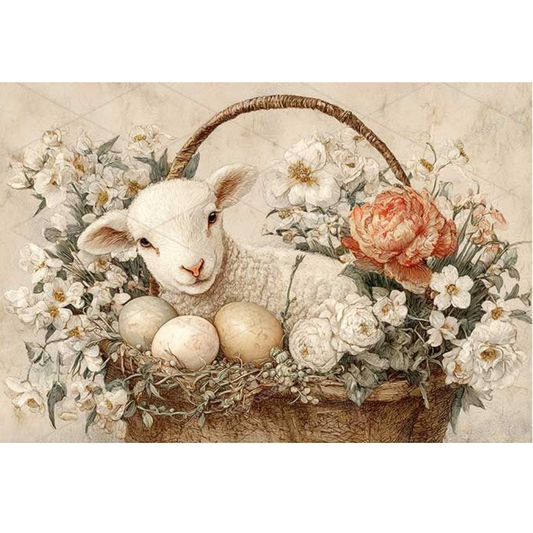 Illustration of a lamb with Easter eggs and flowers in a basket on a textured beige background.