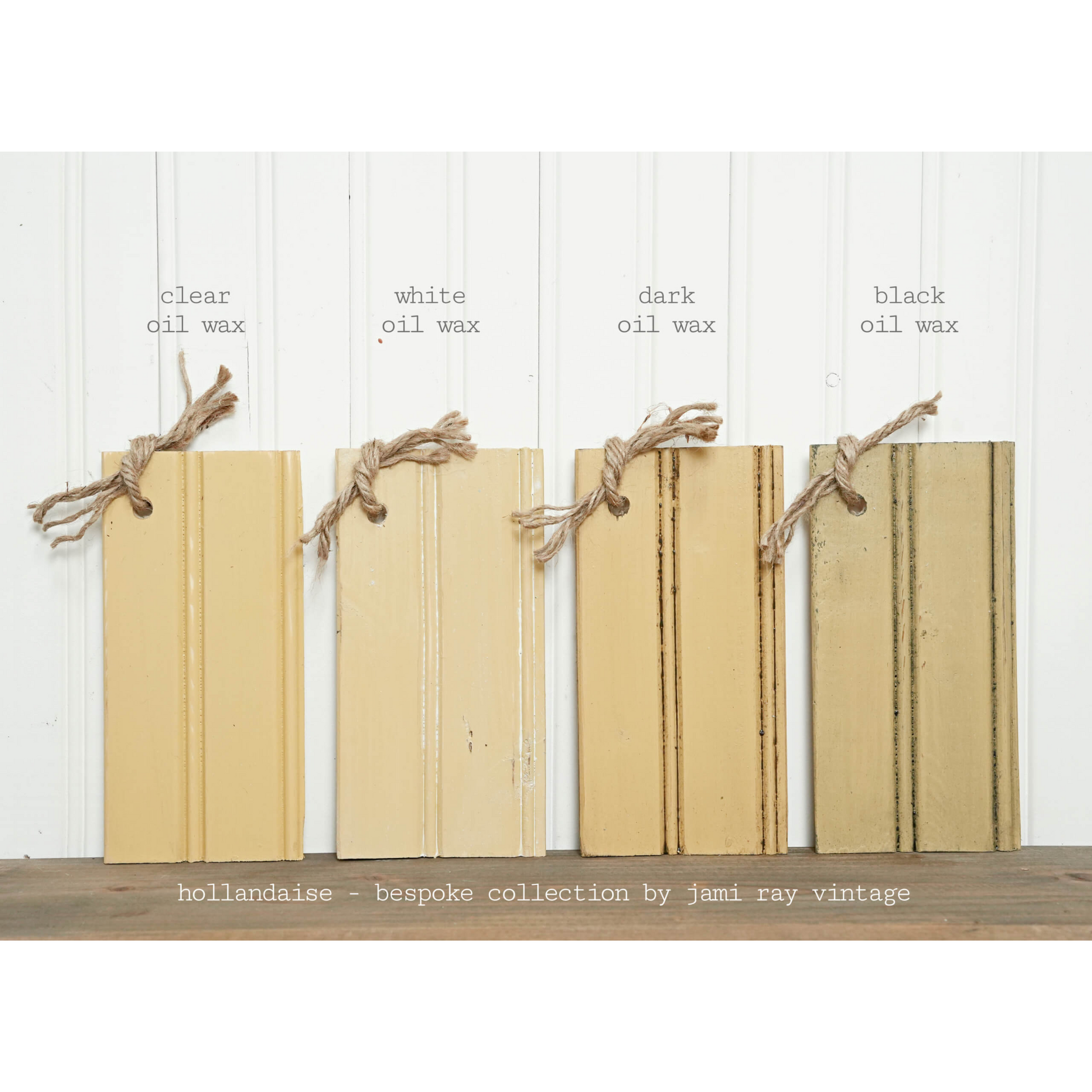 "Hollandaise" Bespoke Collection by Sweet Pickins Milk Paint. Color curated by Jami Ray Vintage. Photo shows comparisons of oil wax finishes. Available at Milton's Daughter.