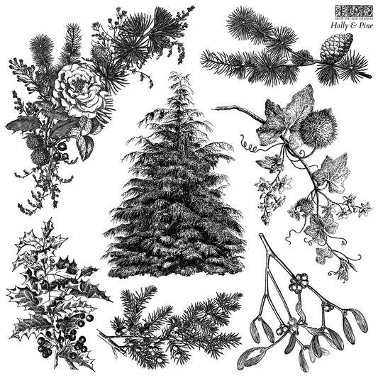 "Holly & Pine IOD Stamp by Iron Orchid Designs. Single sheet stamp. Available at Milton's Daughter. Collection  of holly, pine, and other winter elements.