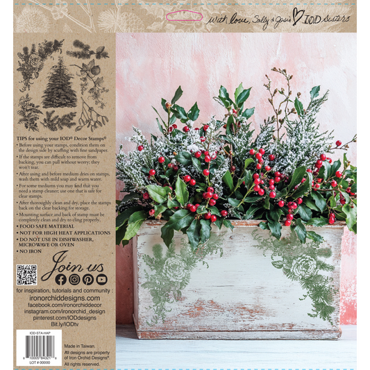 "Holly & Pine IOD Stamp by Iron Orchid Designs. Single sheet stamp. Back cover. Available at Milton's Daughter. Collection  of holly, pine, and other winter elements.
