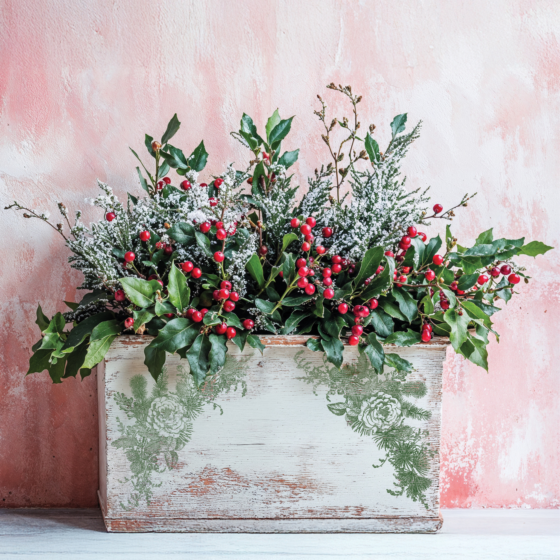 "Holly & Pine IOD Stamp by Iron Orchid Designs. Single sheet stamp. Available at Milton's Daughter. Example pic. Decorative floral arrangement with greenery and red berries in a wooden box against a pink textured background.