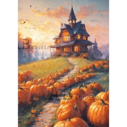 "House on Pumpkin Hill" decoupage rice paper by AB Studio. Painting of a haunted house with pumpkins at sunset.