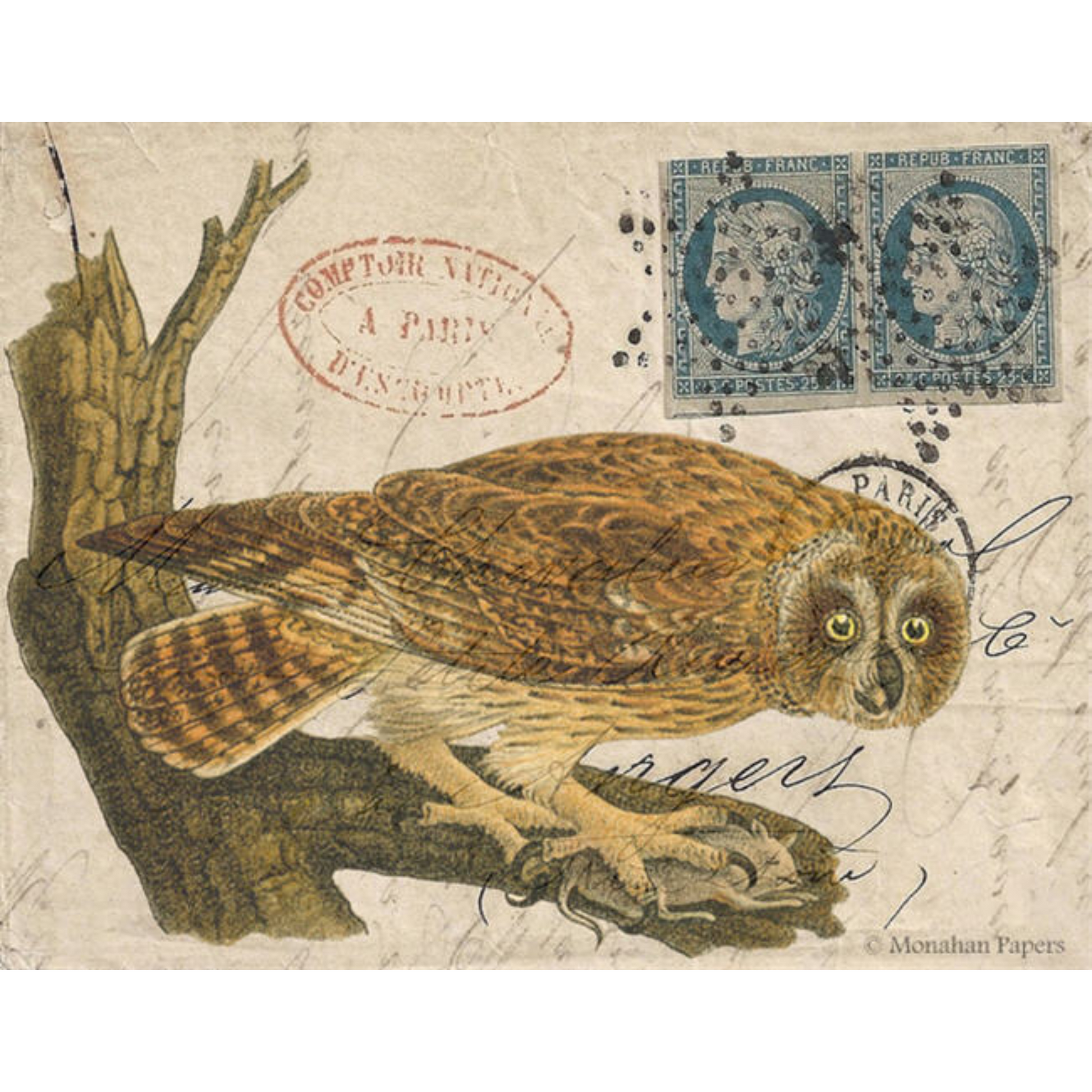 "Hunter Owl" decoupage paper by Monahan Paper. 11" x 17" available at Milton's Daughter.