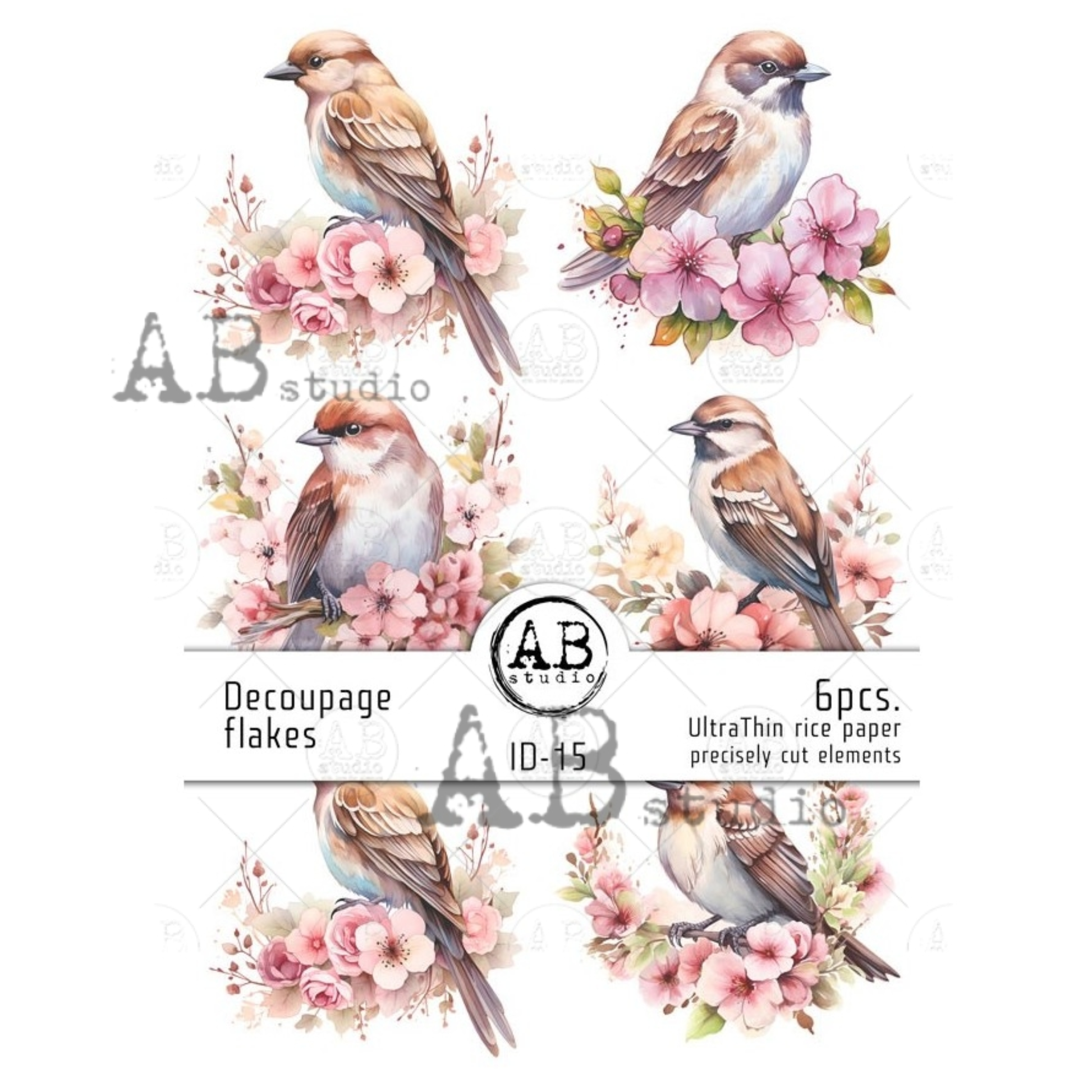 Decorative paper flake set with birds and pink flowers.