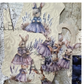 Illustrations of rabbits in dresses with lavender flowers on a textured background