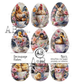 Set of egg shaped decoupage flakes with animal and floral designs in teacups.