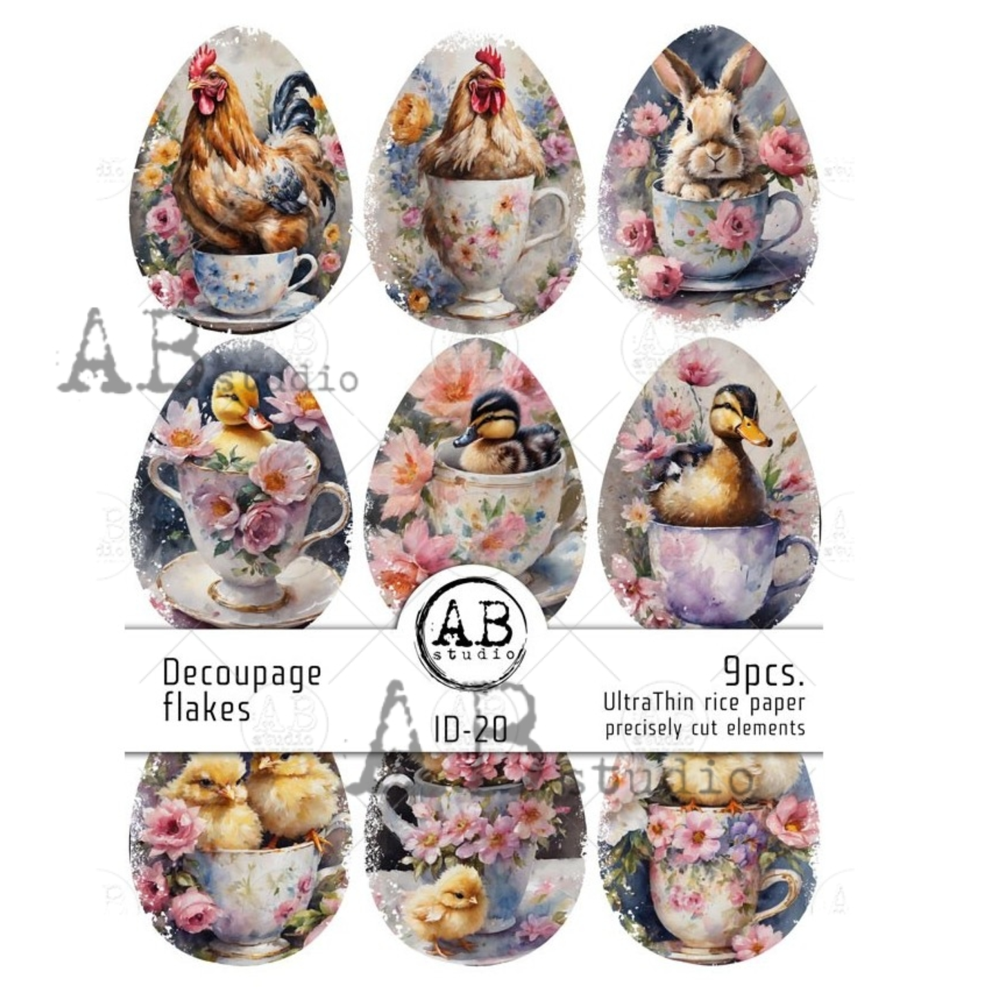 Set of egg shaped decoupage flakes with animal and floral designs in teacups.