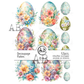 Decorative decoupage flakes with floral designs on egg shapes.