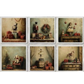 Set of six framed artworks featuring vintage-style scenes with toys and decorative items.