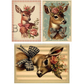 Three vintage-style illustrations of deer with floral and bow decorations on varied backgrounds.