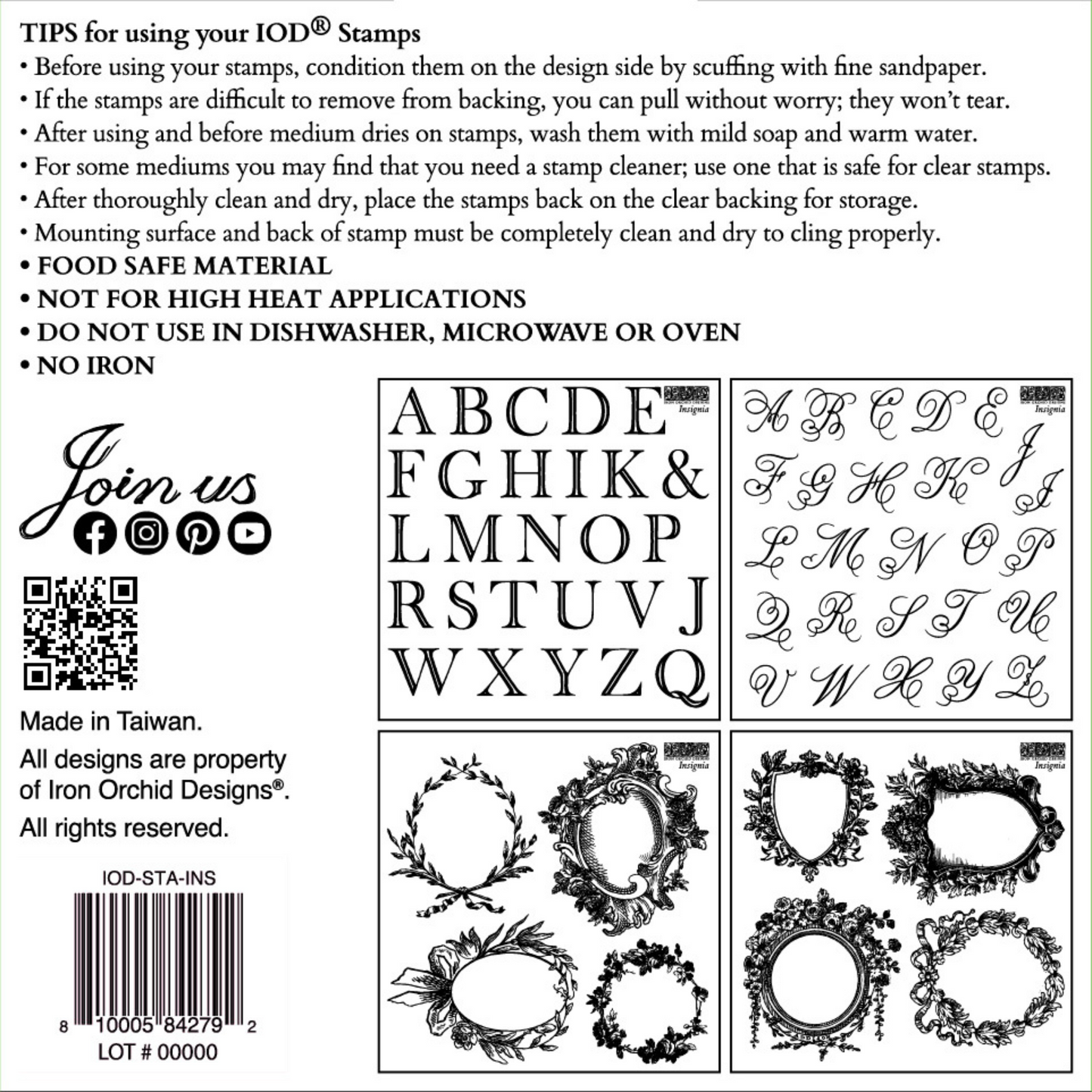 "Insignia" IOD MIni Stamps  Boxed Set. Four 6" x 6" sheets. Available at Milton's Daughter. Box back.