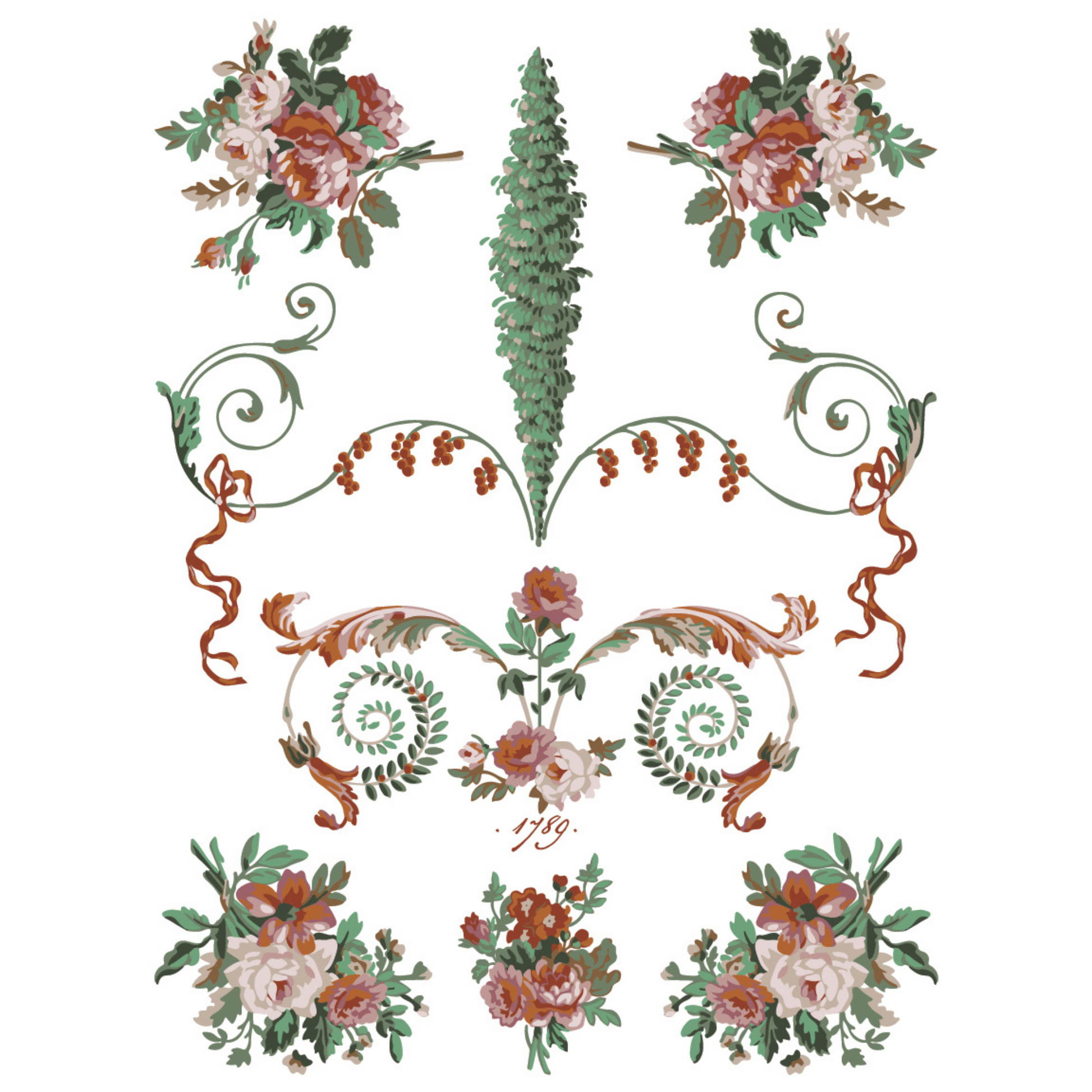 "La Folie" IOD Paint Inlay by Iron Orchid Designs. Pg 2 of 8. Decorative floral and leaf design with swirls. Transfer available at Milton's Daughter.