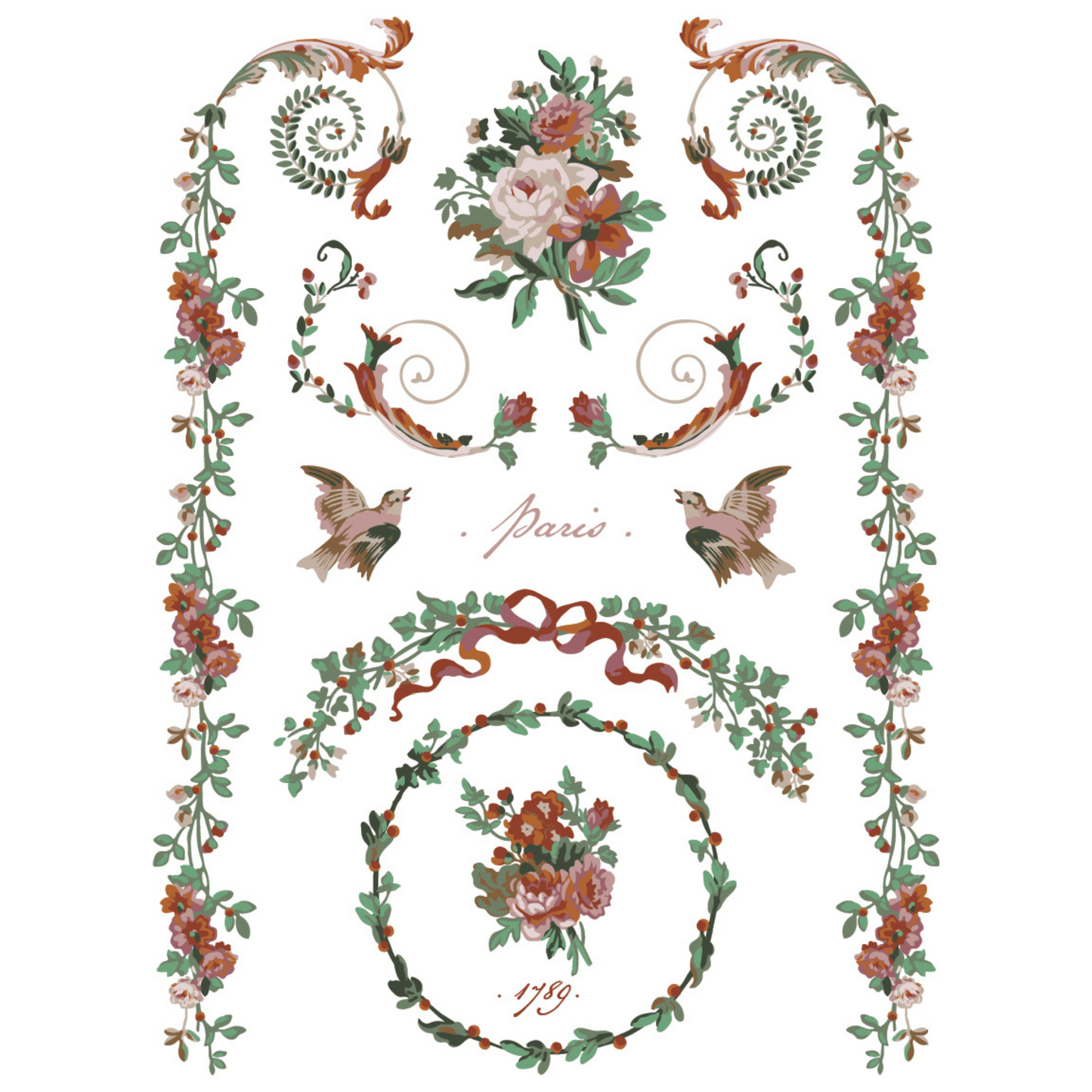 "La Folie" IOD Paint Inlay by Iron Orchid Designs. Pg 4 of 8. Decorative design with floral elements, birds, and text. Transfer available at Milton's Daughter.