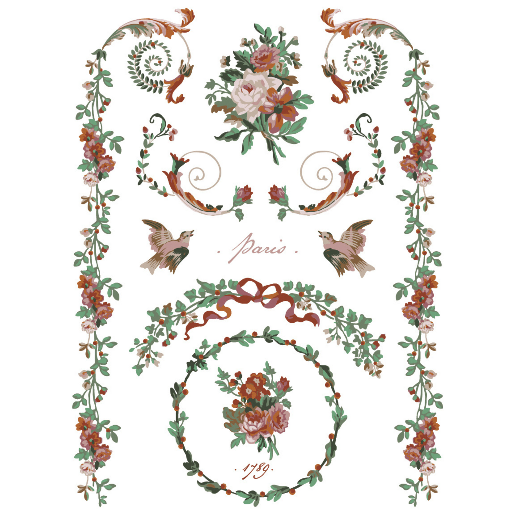 "La Folie" IOD Paint Inlay by Iron Orchid Designs. Pg 4 of 8. Decorative design with floral elements, birds, and text. Transfer available at Milton's Daughter.