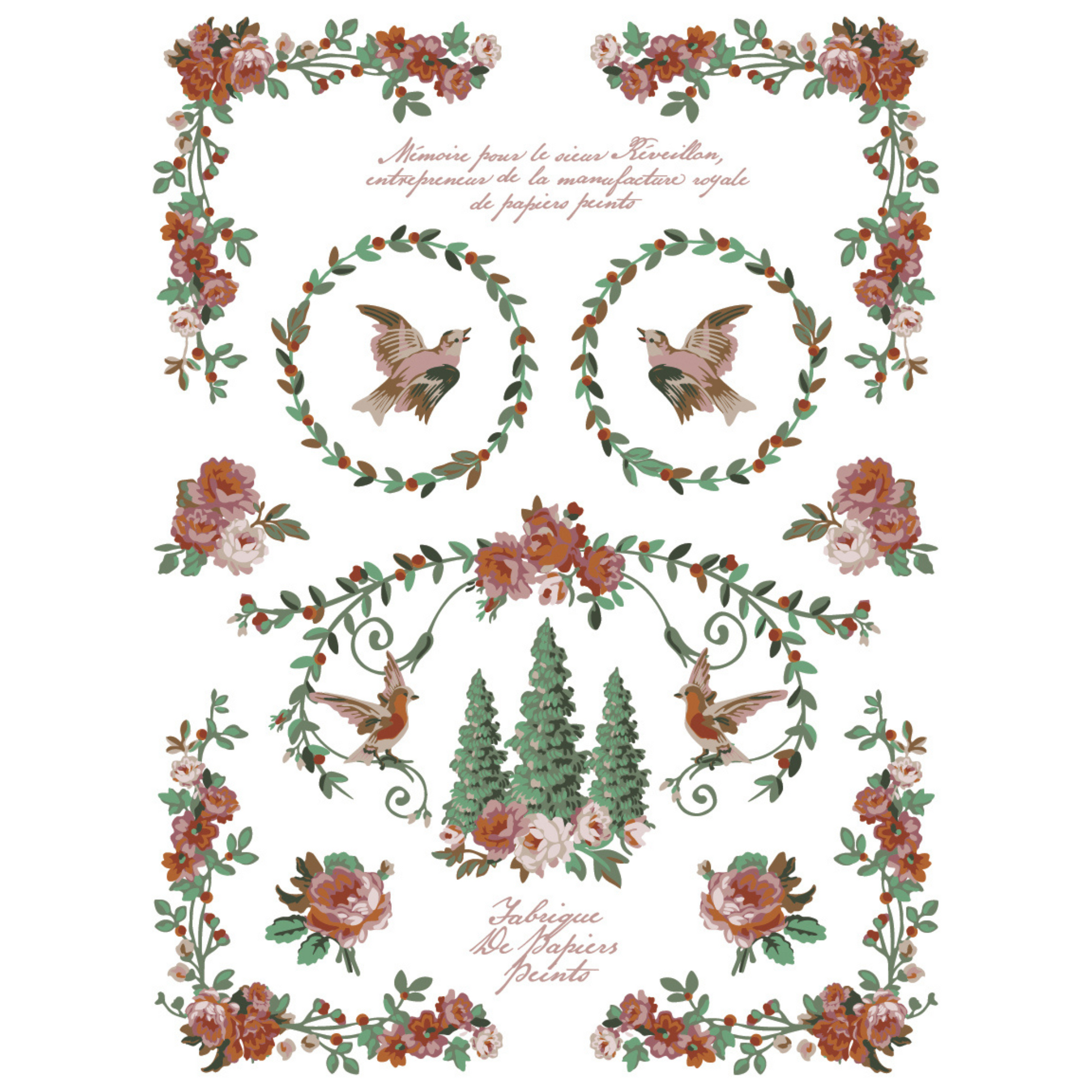 "La Folie" IOD Paint Inlay by Iron Orchid Designs. Pg 5 of 8. Decorative design with floral wreaths, birds, and trees. Transfer available at Milton's Daughter.