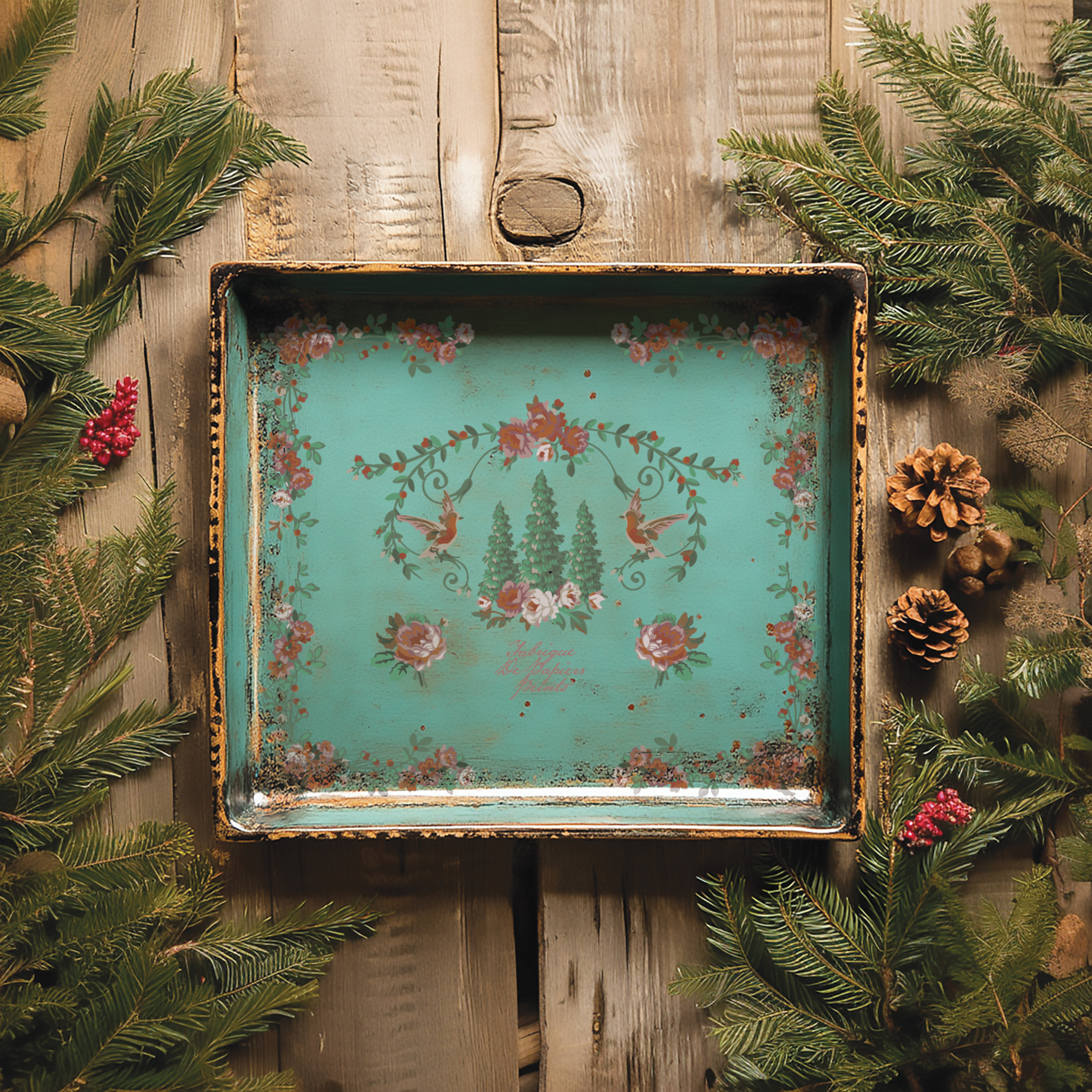 "La Folie" IOD Paint Inlay by Iron Orchid Designs. Example pic 3. Transfer available at Milton's Daughter. Decorative tray with floral design on a wooden background with greenery.