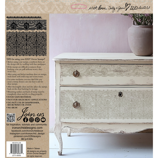 Back cover of IOD Lace Stamp, featuring instructional text and examploe photo of chest of drawers using the Lace patterned stamp.