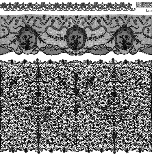 Black lace all-over pattern and border pattern on a white background.