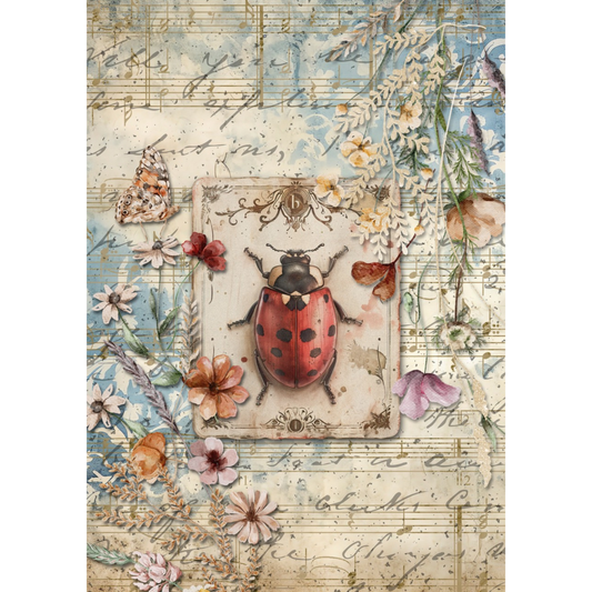 Decorative paper with a ladybug illustration, flowers, musical text and vintage text on a blue background.