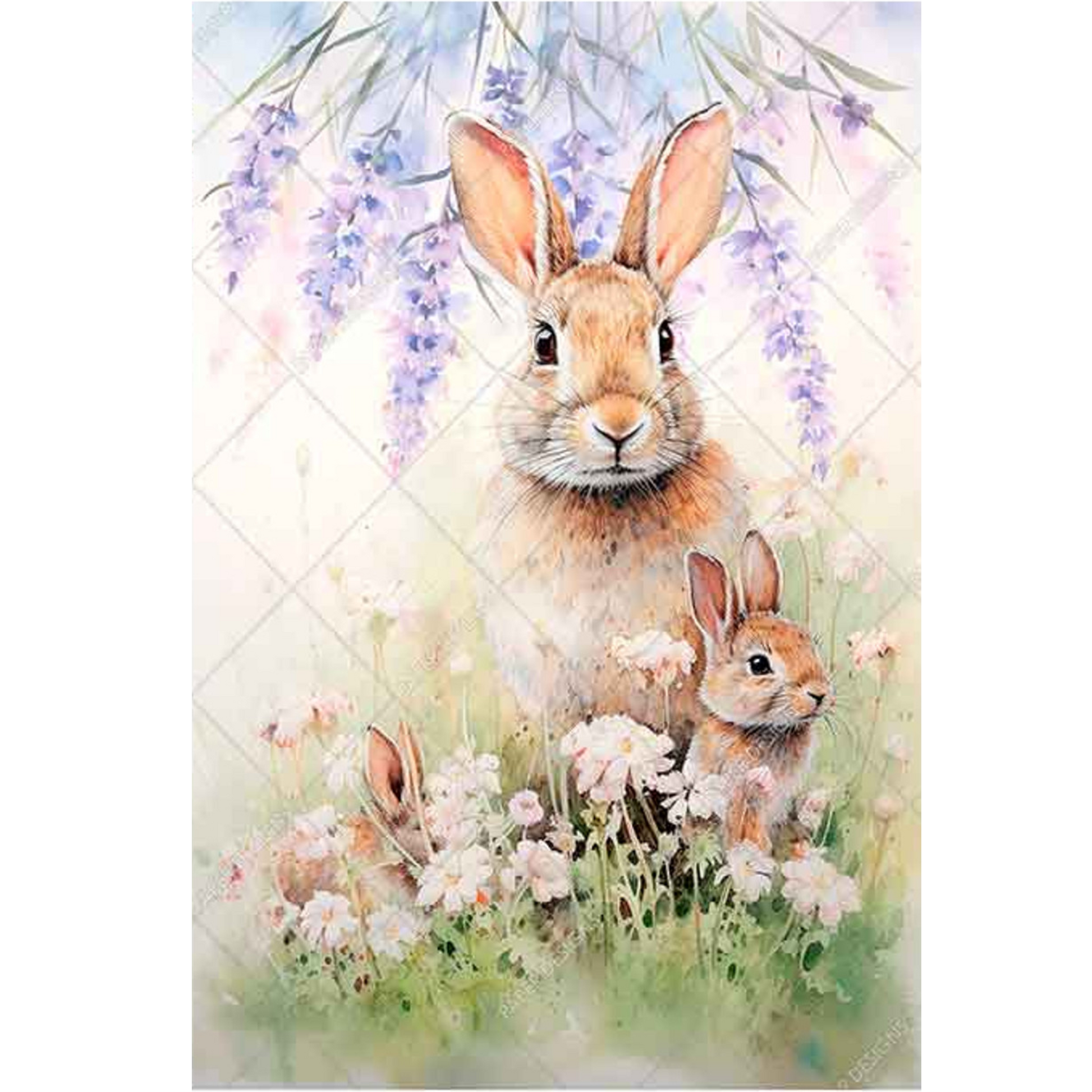 "Lavender Floral Bunnies" decoupage rice paper by Paper Designs. Available at Milton's Daughter.