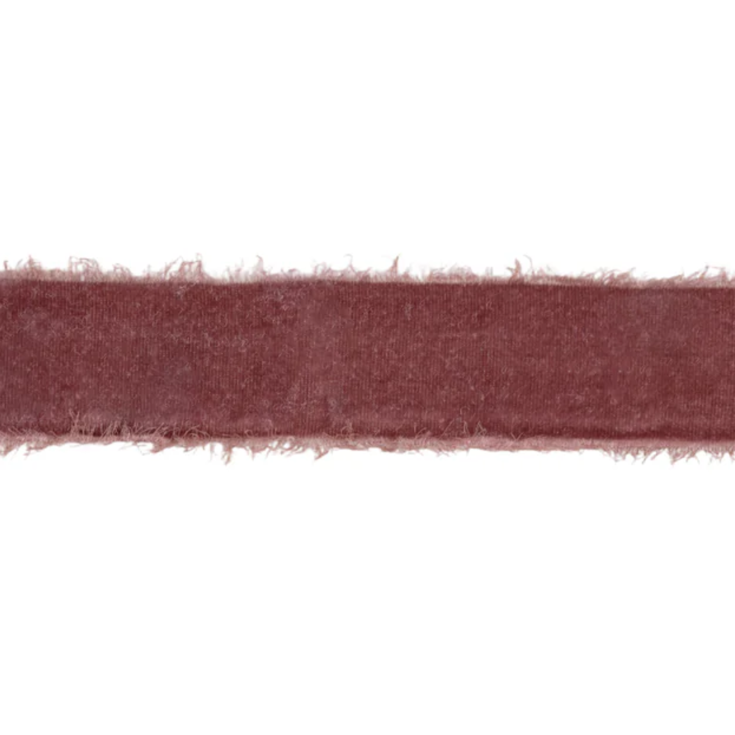 Strip of lavender velvet ribbon with frayed edges on a white background