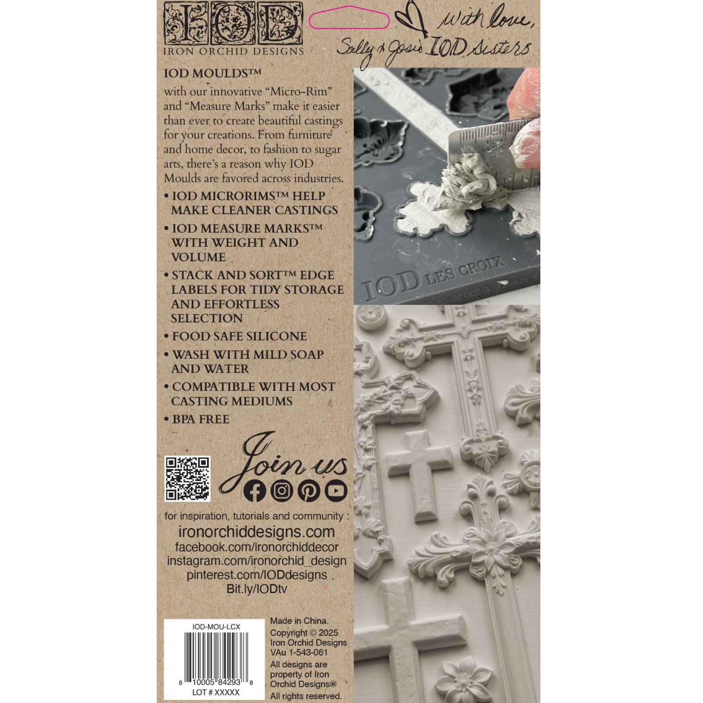 IOD Moulds packaging with decorative crosses and text on a white background