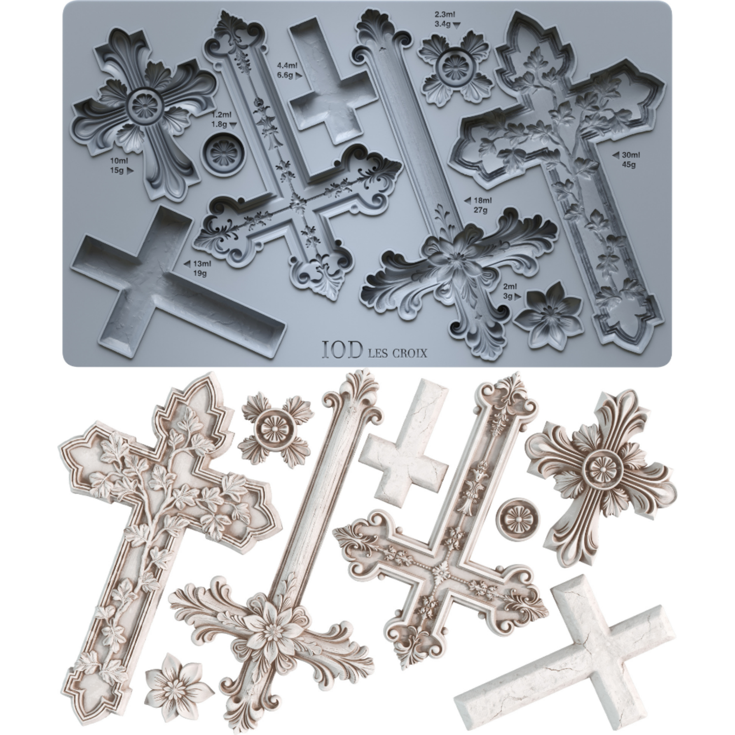 Decorative crosses mold with intricate designs with castings examples on a white background