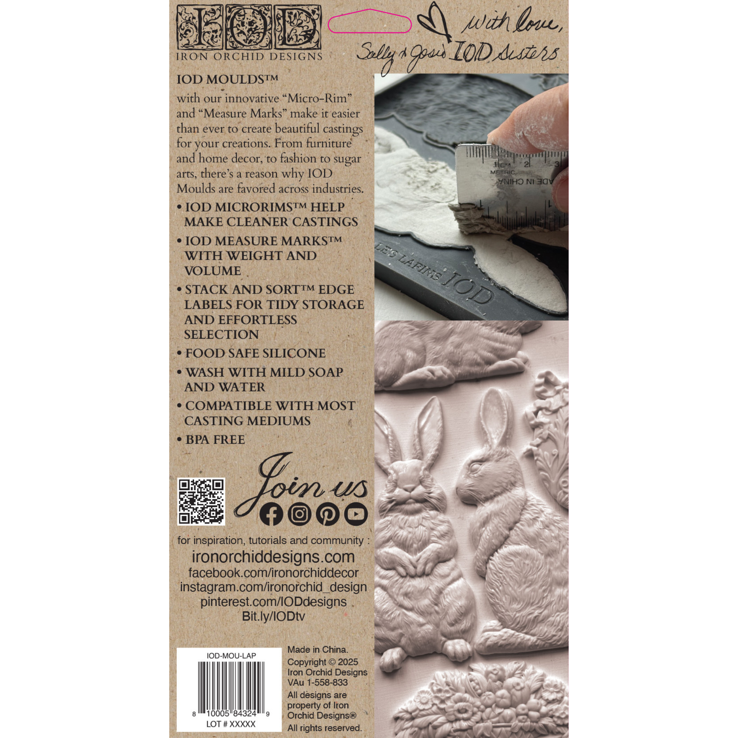 IOD Les Lapins Mould packaging with rabbit design and branding details.