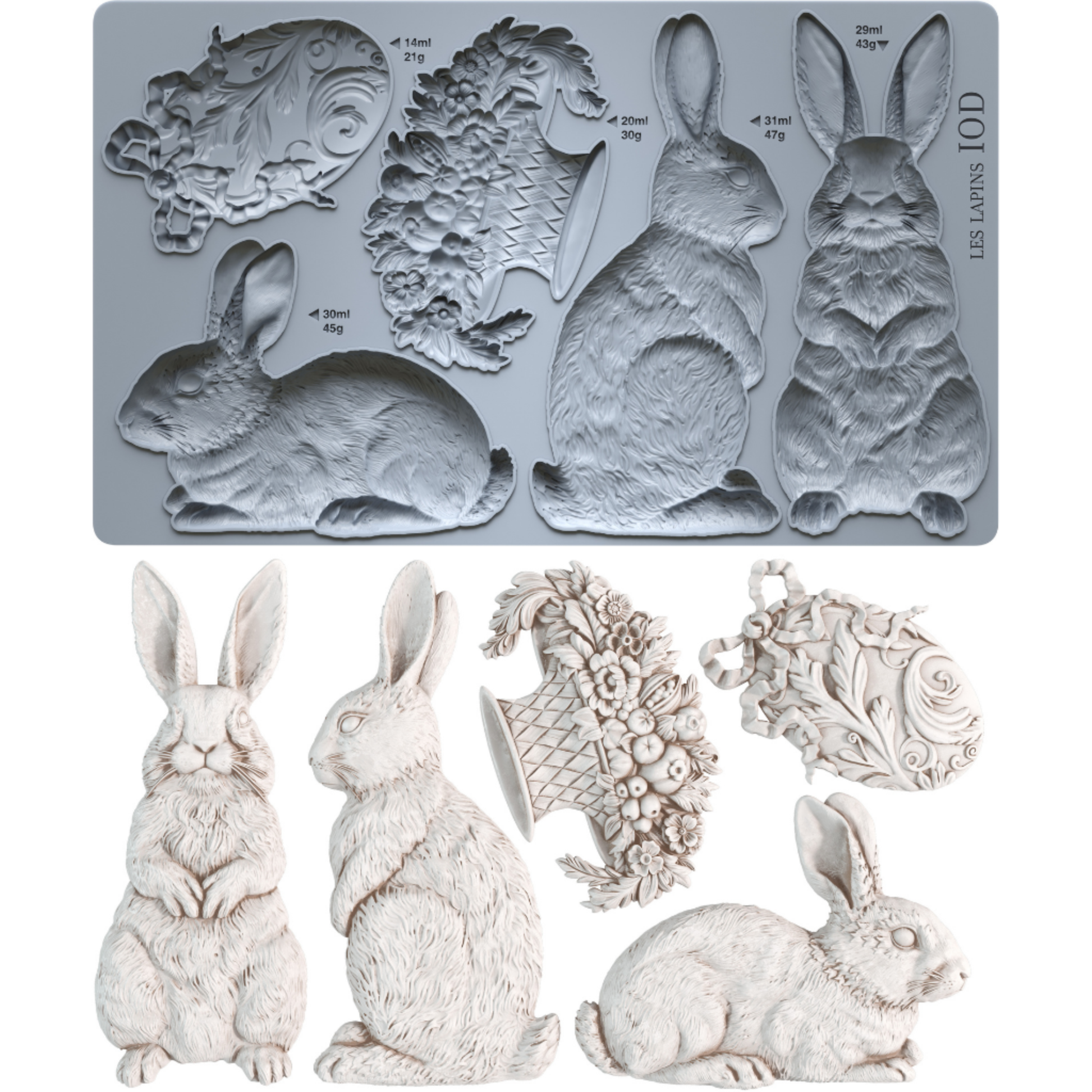 Silicone mold with rabbit shapes and decorative elements, alongside corresponding castings.