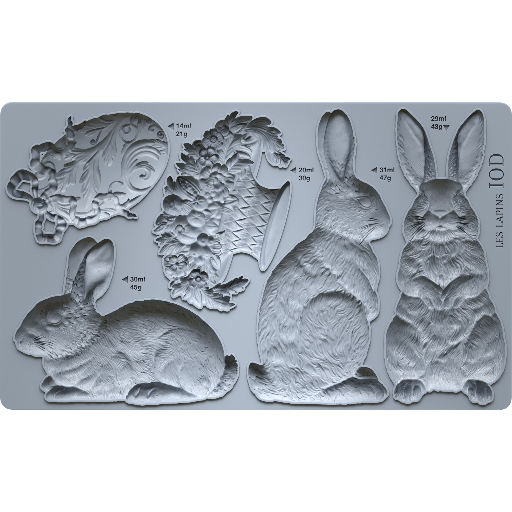 Silicone mold with rabbits in different poses, an easter egg and bouquet on a gray background