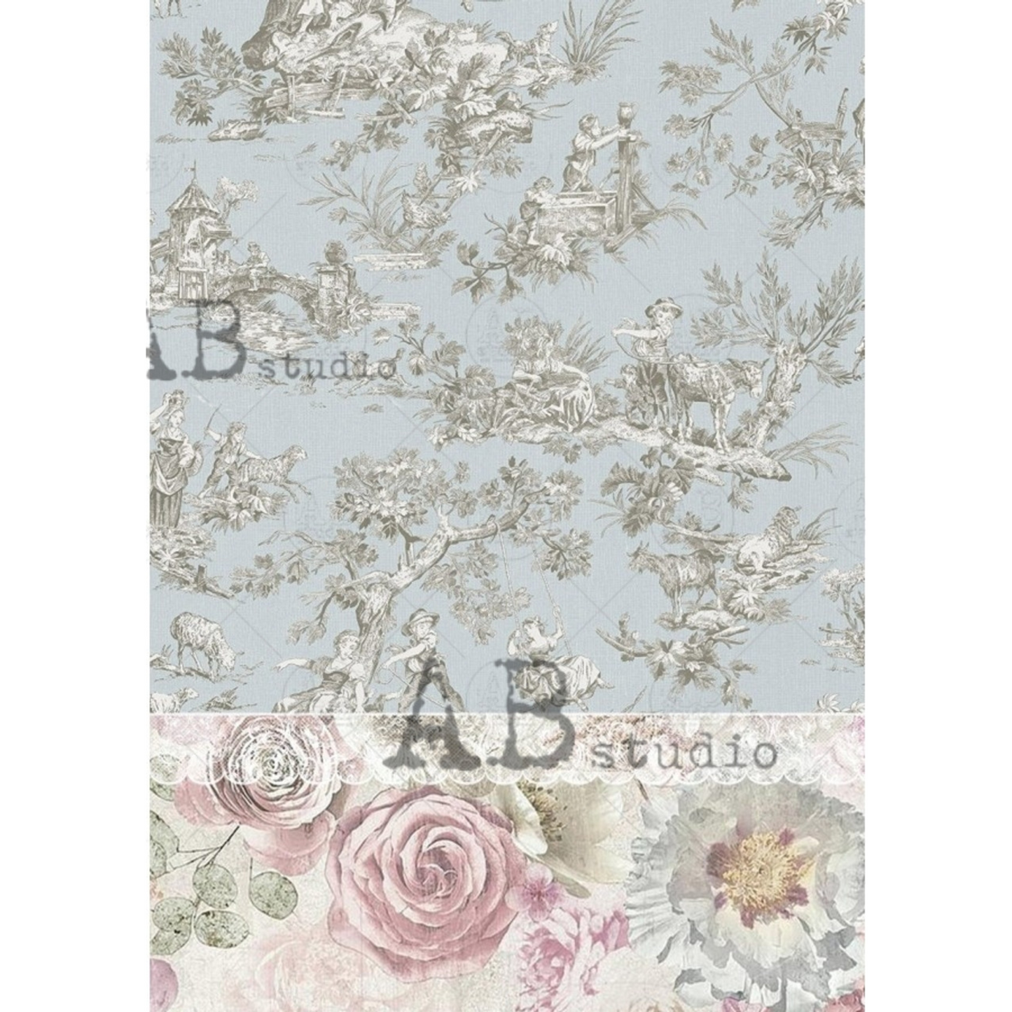 "Light Blue Toile with Roses" decoupage rice paper by AB Studio. Available at Milton's Daughter.