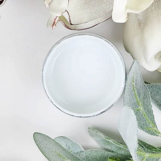 Image of open jar of greyish-white paint with leaves and flower petals on a white background.