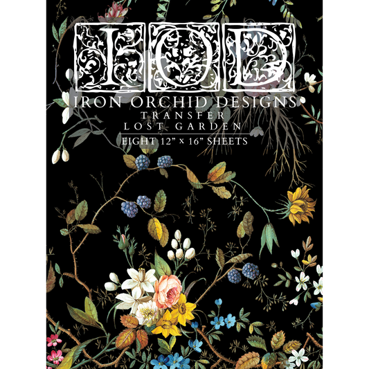 "Lost Garden" IOD Rub-On Transfer by Iron Orchid Designs. Eight 12" x 16" sheets. Available at Milton's Daughter. Front cover.