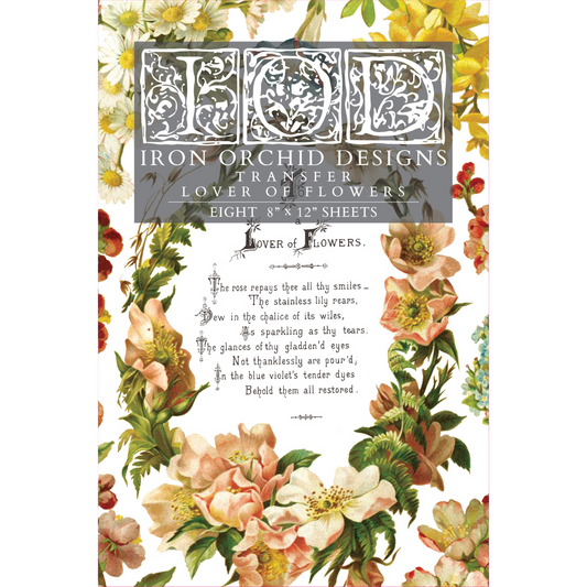  "Lover of Flowers" IOD Rub-On Transfer by Iron Orchid Designs. Eight 8" x 12" sheets. Front Cover. Available at Milton's Daughter.