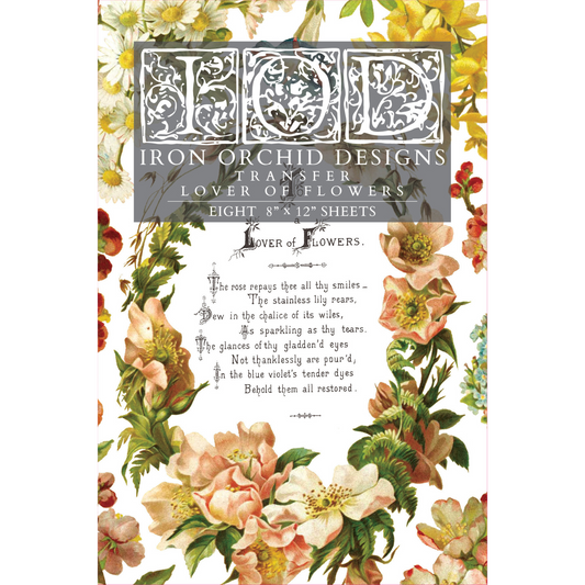 "Lover of Flowers" IOD Rub-On Transfer by Iron Orchid Designs. Eight 8" x 12" sheets. Front Cover. Available at Milton's Daughter.