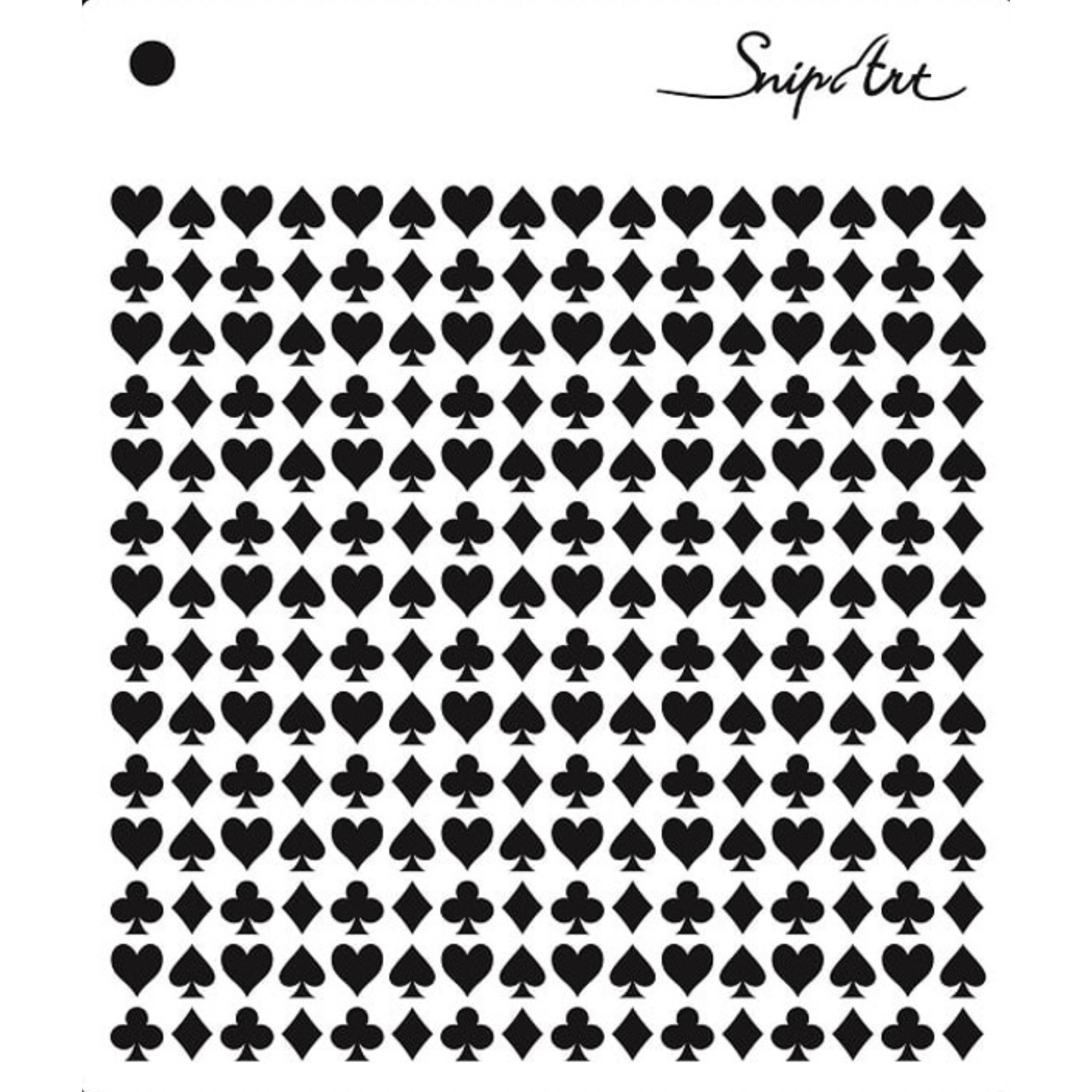 Stencil pattern of four card suits on a white background with 'Snip Art' branding.
