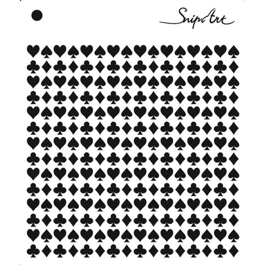 Stencil pattern of four card suits on a white background with 'Snip Art' branding.