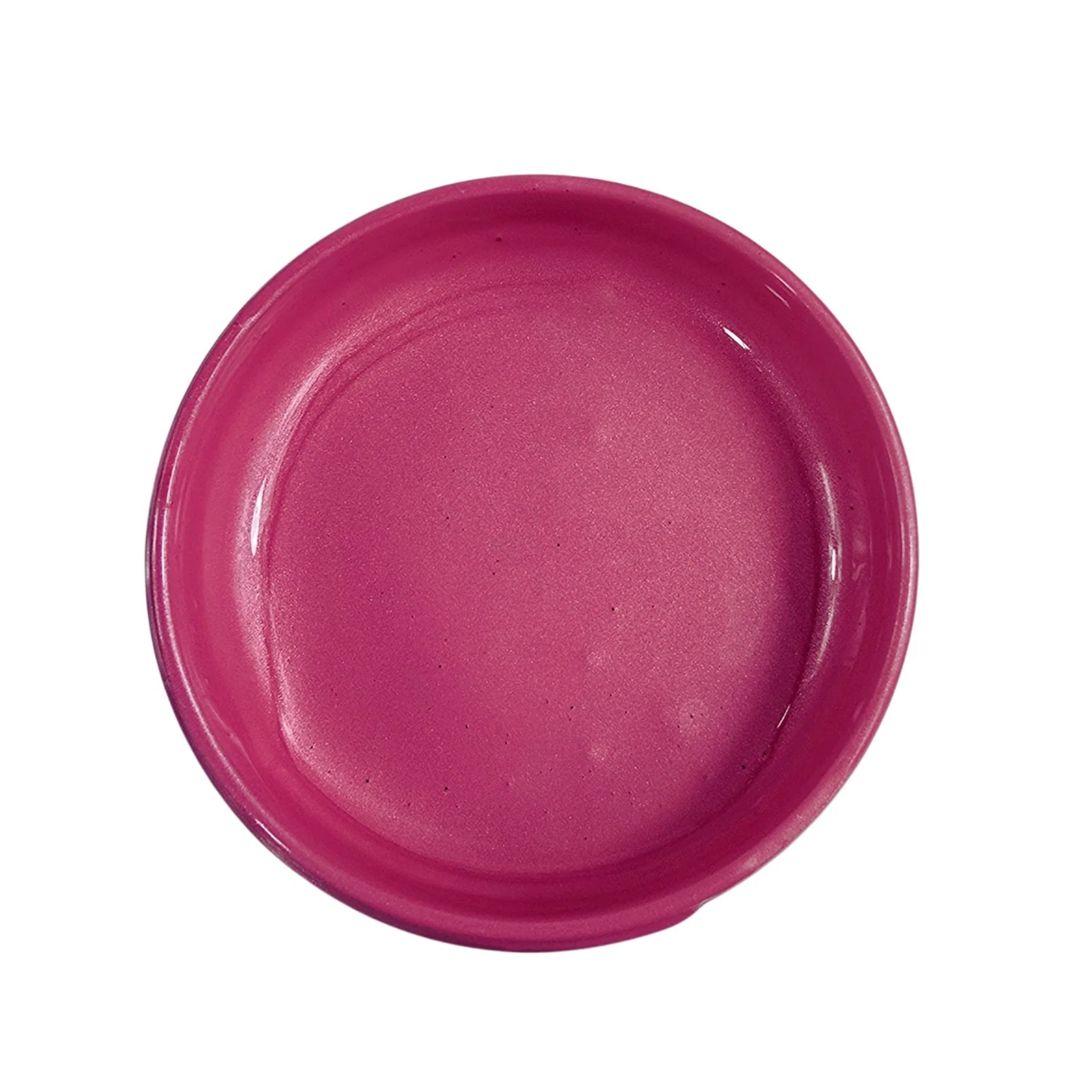 Open jar of deep pink metallic paint on a white background.