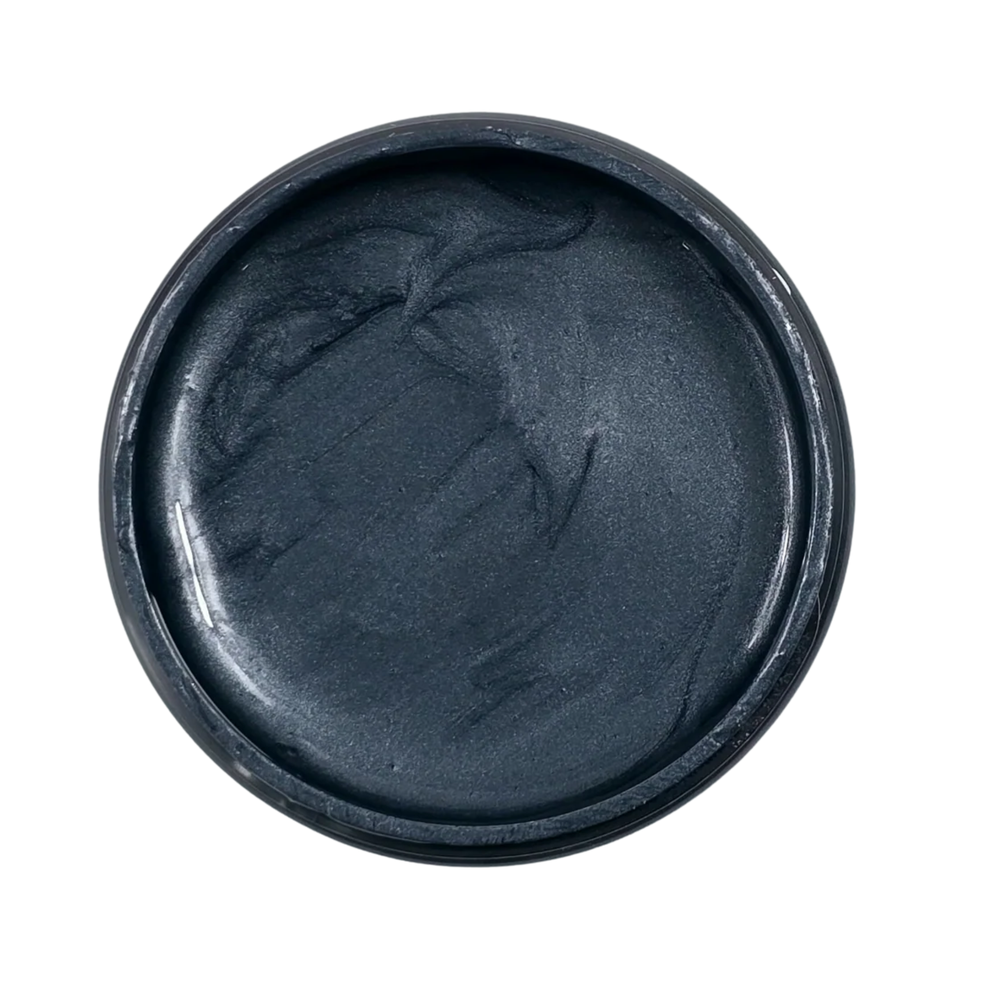 Open jar of dark grey metallic paint against a white background.