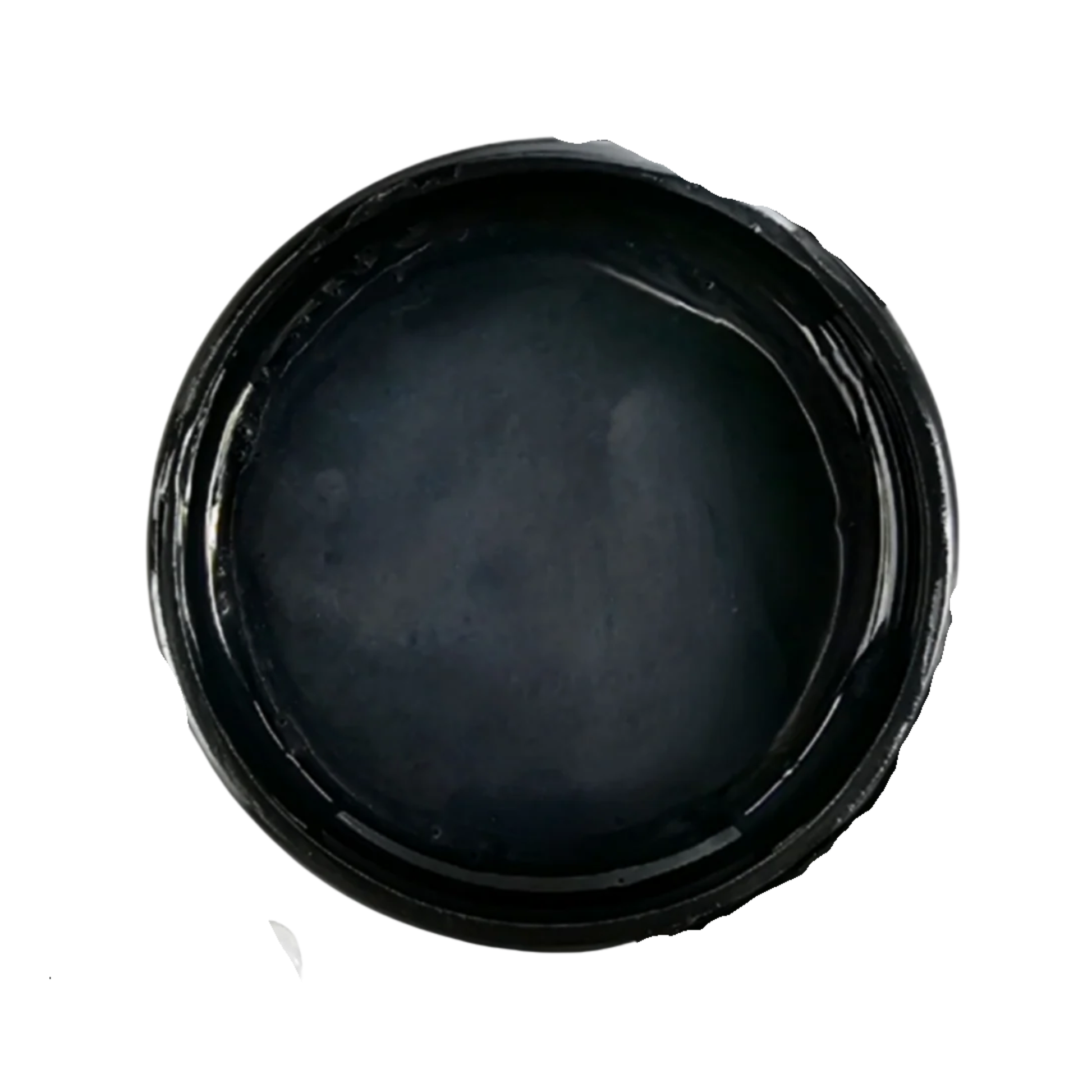 Open jar of black metallic paint on a white background