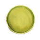 Open jar of light green metallic paint on a white background.
