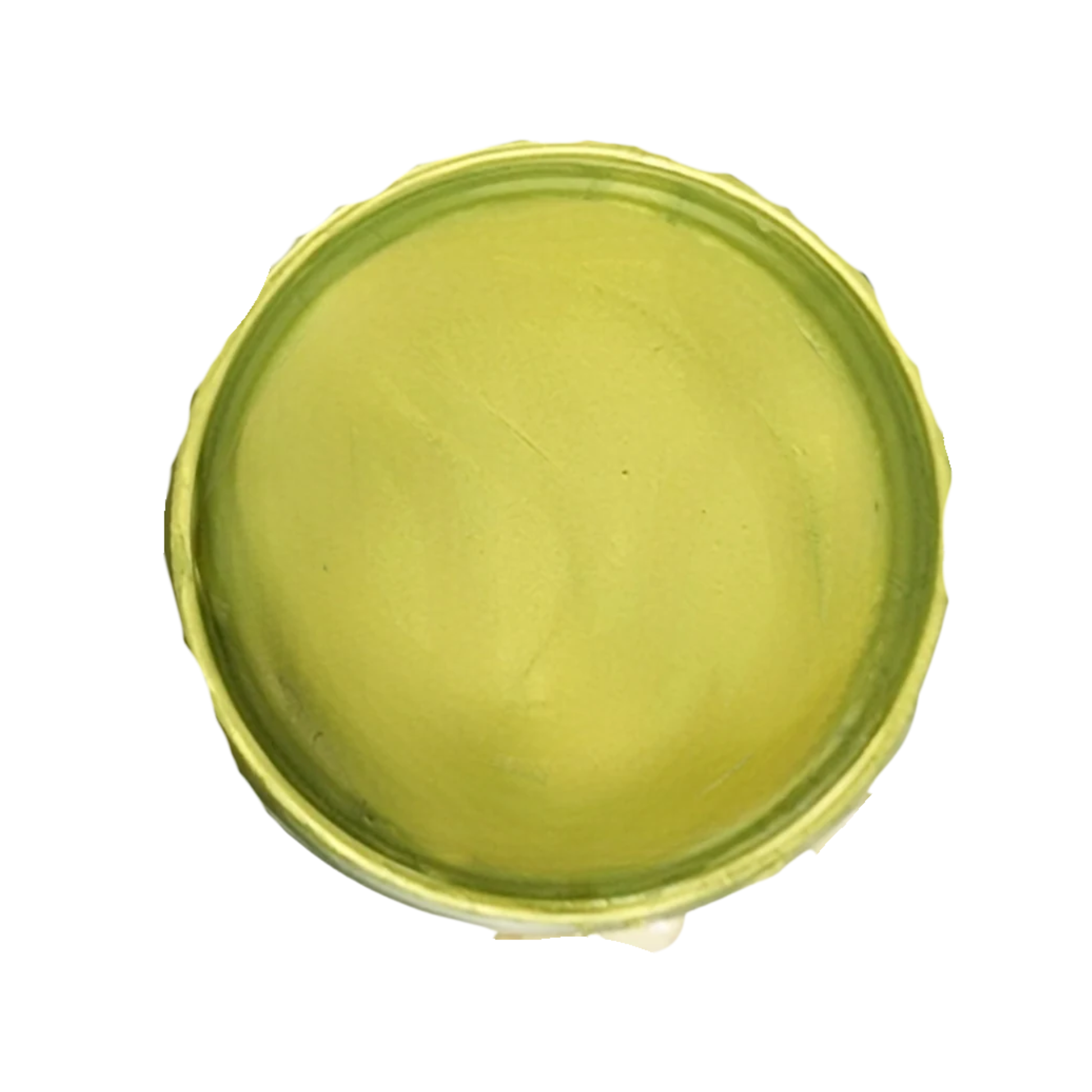 Open jar of light green metallic paint on a white background.