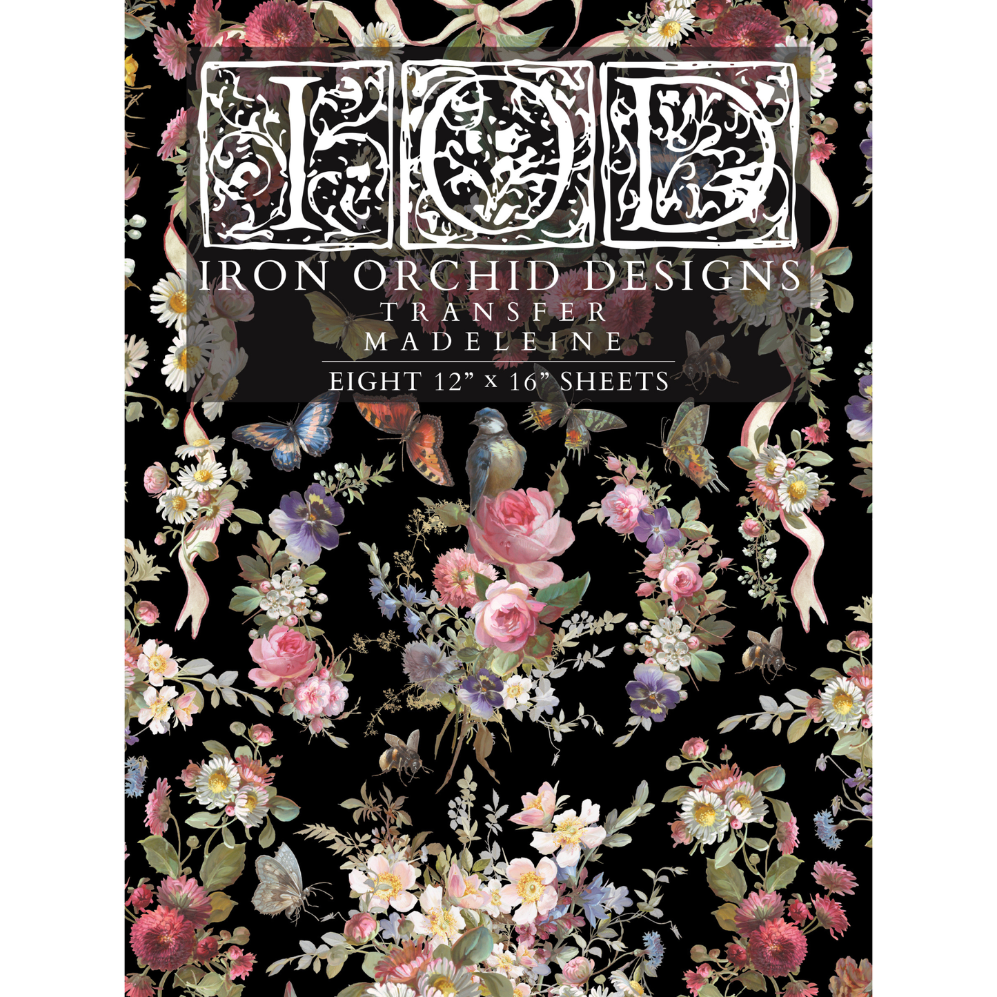 Iron Orchid Designs transfer packaging for "Madeleine" with floral design on a black background