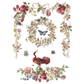 Decorative floral wreath with birds, butterflies, and ribbons on a white background