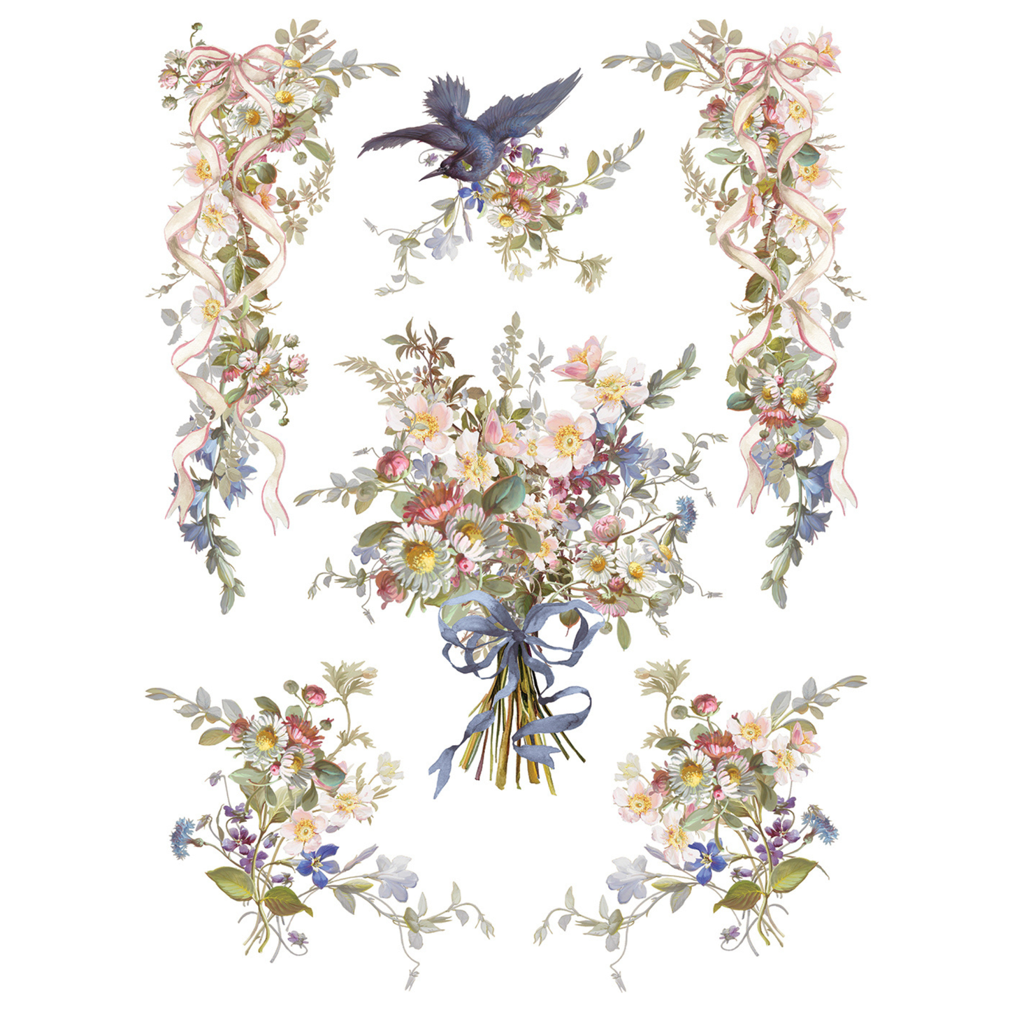 Colorful floral bouquet with vines and ribbons a a blue bird.