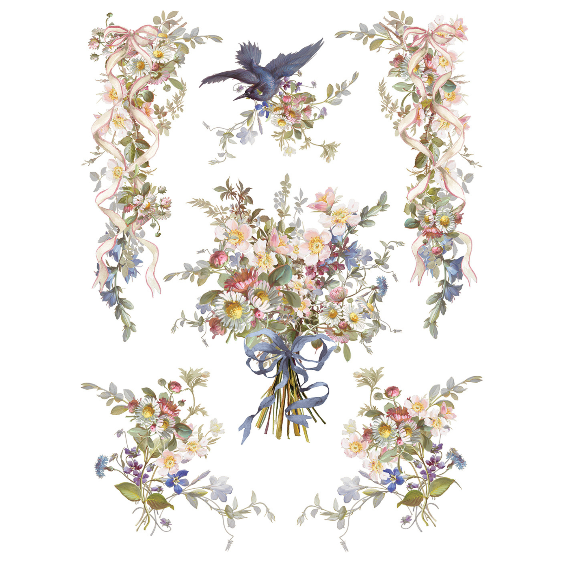 Colorful floral bouquet with vines and ribbons a a blue bird.