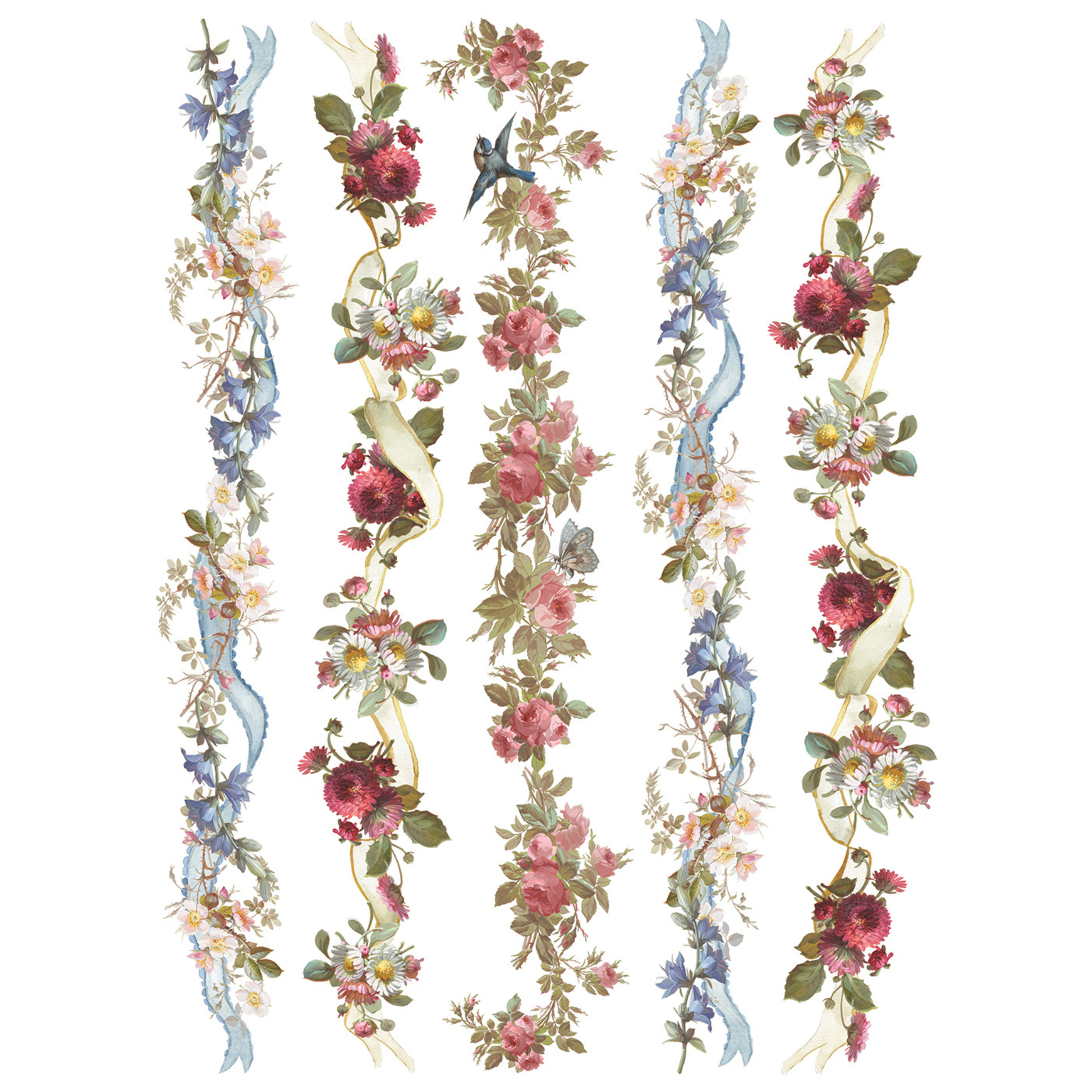 garlands of flowers in red and pink, with ribbon garlands in blue.